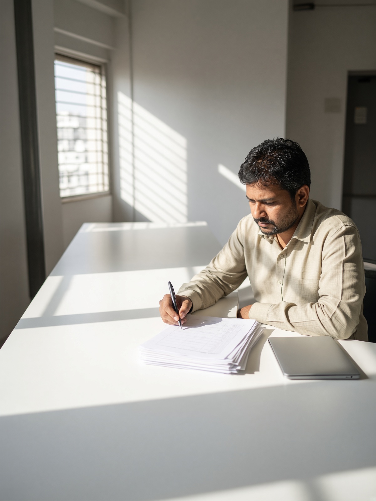 A reviewer working through a printed set of checks